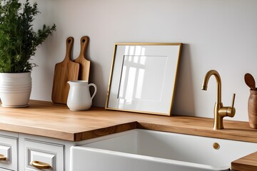 Mockup frame leaning against the wall in kitchen interior background, interior mockup design, frame mockup
