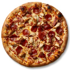 Pizza top view isolated - A delicious pepperoni and grilled chicken pizza perfectly cooked