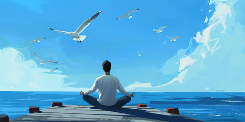 Sky Blue - A man meditates peacefully on a pier overlooking the vast ocean, his thoughts drifting freely like the seagulls that soar above
