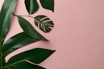 Tropical palm leaf on pink background. Flat lay, top view. Generative AI 