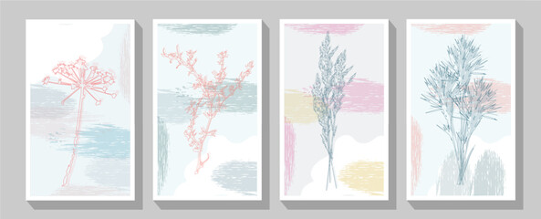 Set of cards Abstract doodle Autumn flowers design combined with stain hand-painted watercolor background. Watercolor vector flower, elegant greenery modern layout, luxury art deco cover.