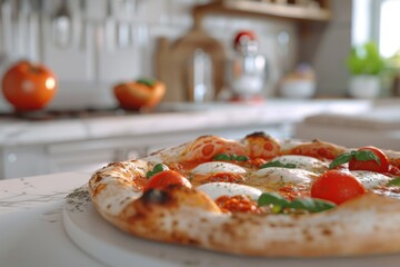 Neapolitan pizza is placed on a plate in a white blurred kitchen. Homemade DIY pizza made with tomatoes and mozzarella cheese. Prepared step by step recipe