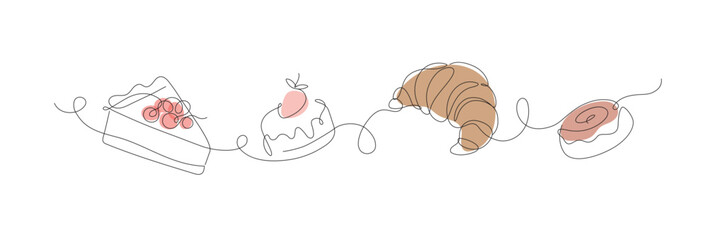 Bakery desserts cake, croissant, cupcake linear style silhouette drawing with color on white background