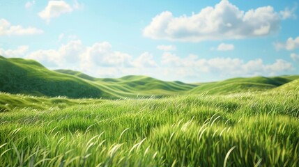 Fototapeta premium Transparent 3D grass in a serene field setting, with rolling hills and a clear blue sky in the background, emphasizing natural beauty