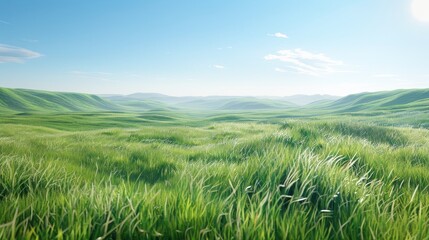 Fototapeta premium Transparent 3D grass in a serene field setting, with rolling hills and a clear blue sky in the background, emphasizing natural beauty