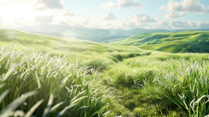 Transparent 3D grass with a mix of natural textures, set against a detailed background of a countryside landscape with a winding path and clear skies