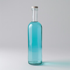 A clear glass bottle with light blue liquid inside