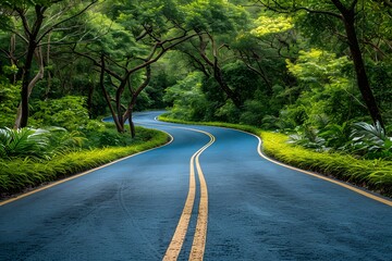 Obraz premium Curved Road Winding Through Lush Tropical Forest