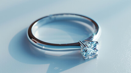 An ultrarealistic photograph of a white gold engagement ring with a round cut diamond, in a profile view on a clean background.