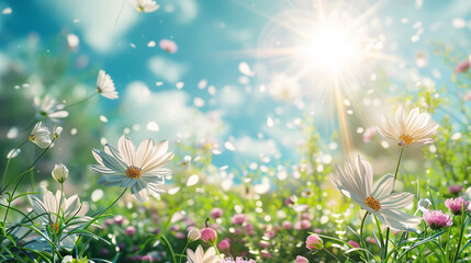 A picturesque spring scene adorned with blossoming flowers, lush green grass