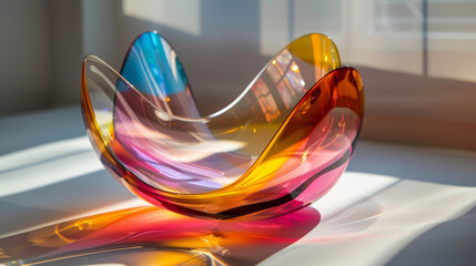 A colorful bowl with a yellow and orange rim sits on a white table