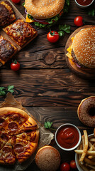 Top view of Pizza, fried chicken,hamburger, donuts, in a wood table, empty space un the middle for text_24