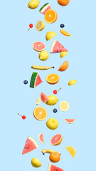 Fruit floats on a blue background. Vibrant visual colors for a Summer and enjoyment. Aesthetic party concept.
