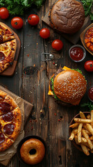 Top view of Pizza, fried chicken,hamburger, donuts, in a wood table, empty space un the middle for text_22