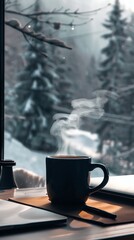 Coffee cup on home office desk, close up on steam, rich brown color, double exposure silhouette with winter landscape