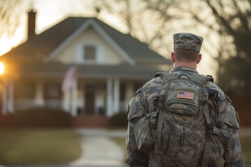 Back view of US soldier coming back home from the military, American serviceman.