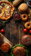 Top view of Pizza, fried chicken,hamburger, donuts, in a wood table, empty space un the middle for text_19
