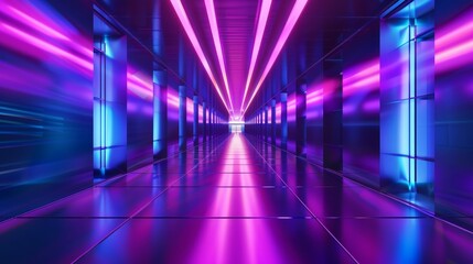 Naklejka premium Vivid corridor with purple and blue neon lighting, close up on linear perspective, theme of digital world, futuristic, Manipulation, cyber dimension backdrop