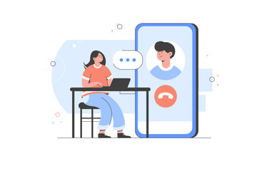 Webinar, Online meeting concept with smartphone screen vector illustration. Home office, web conference with colleague