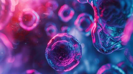 Vivid display of stem cells magnified under a microscope, focus on cellular detail, theme of scientific discovery, surreal, Double exposure, laboratory backdrop