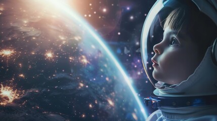 Naklejka premium Young child in an astronaut suit navigating space, focus on the enormity of the universe around, concept of childhood dreams, hyper-realistic, Overlay, Earth view backdrop