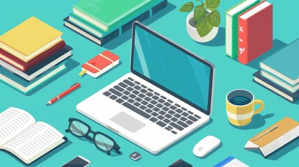 Organized Distance Learning Setup with Laptop and Educational Tools