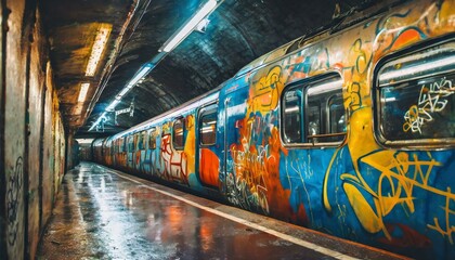 Fototapeta premium graffiti on subway train in the underground