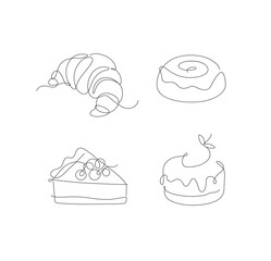 Bakery desserts cake, croissant, cupcake, bun icons drawing in linear style on white background