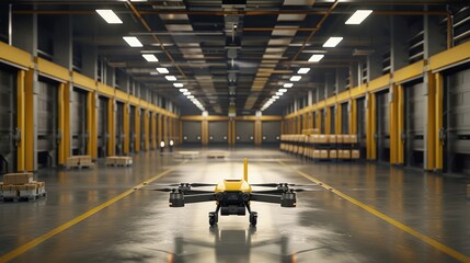 Fototapeta premium At a modern distribution center, delivery drones are loaded with parcels, ready to embark on their routes, revolutionizing the e-commerce industry.