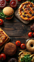Top view of Pizza, fried chicken,hamburger, donuts, in a wood table, empty space un the middle for text_14