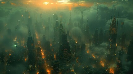 A photo of a futuristic city. The city should be full of skyscrapers and bright lights. The image should be dark and moody.
