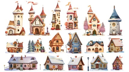 Naklejka premium Enchanting Storybook Inspired Architectural Showcasing Diverse Whimsical Homes and Castles