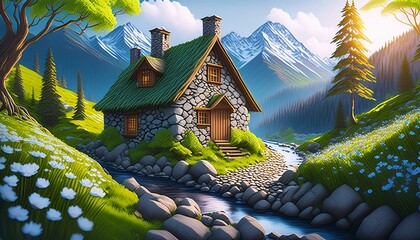 Beautiful cozy fantasy stone cottage in a spring forest aside a cobblestone path and a babbling brook. Stone wall. Mountains in the distance. Magical tone and feel, hyper realistic.