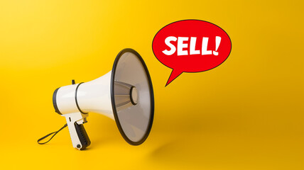 megaphone with speech bubble "SELL" on yellow background