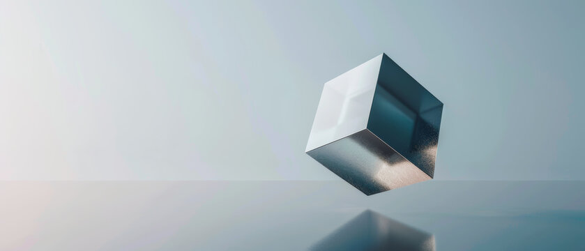 A minimalist cube is floating in the air above a blue surface