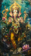 Fototapeta premium Ganesh wall art, The god of abundance is revered by the people, resulting in wealth and happiness