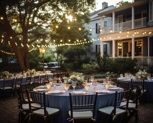 A beautiful outdoor wedding reception is set up in a backyard with a large tree and a string of lights.