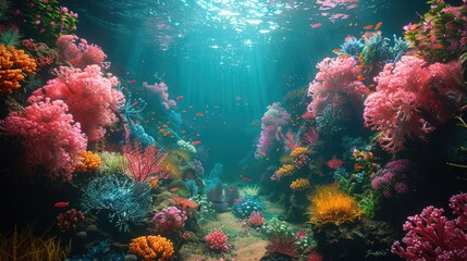 An image of a beautiful and colorful coral reef with a variety of corals, fish, and other sea life.
