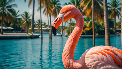 Gorgeous pink flamingo in summer caribbean
