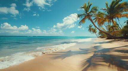 Tropical paradise beach with swaying palm trees and crystal-clear water under a sunny sky