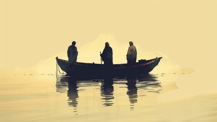 A minimalist illustration featuring Jesus, Peter, and James in a boat, showcasing three peaceful figures with minimalistic details, set in a serene scene that highlights 