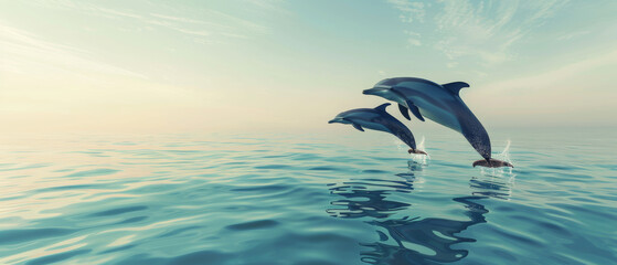 Two dolphins are jumping out of the water in a beautiful blue ocean