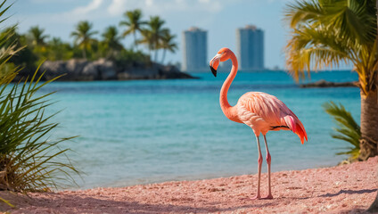 Gorgeous pink flamingo in summer