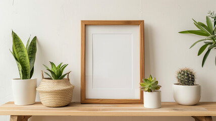 Fototapeta premium brown wooden photo frame on the table