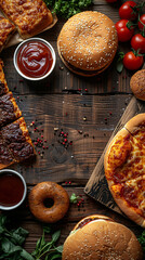 Top view of Pizza, fried chicken,hamburger, donuts, in a wood table, empty space un the middle for text_5