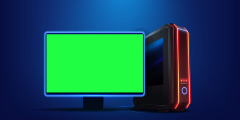 Modern Gaming PC Setup with Green Screen Monitor on Neon Background. The screen is blank, ready for custom content, ideal for gaming, streaming, or tech-related projects. Vector illustration