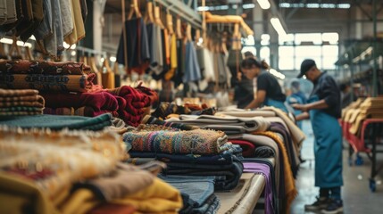 People in a factory setting are actively sorting and organizing a large quantity of clothes in a fast-paced environment.