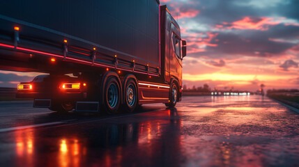 close-up Road level view panorama of truck driving on the highway at sunset