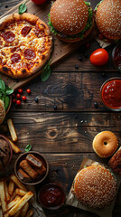 Top view of Pizza, fried chicken,hamburger, donuts, in a wood table, empty space un the middle for text_1
