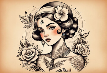 A lady woman tattoo texture design illustration, sketch vintage illustration